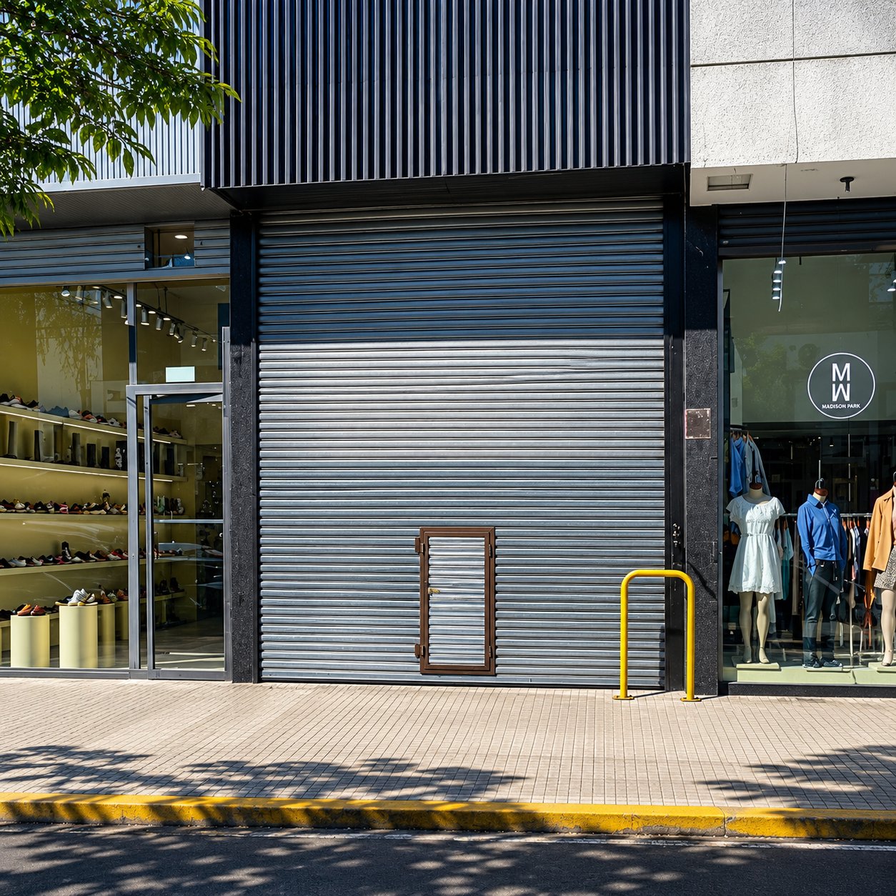 Cortina metálica con puerta peatonal en un local comercial, trabajo de Freedom Storm